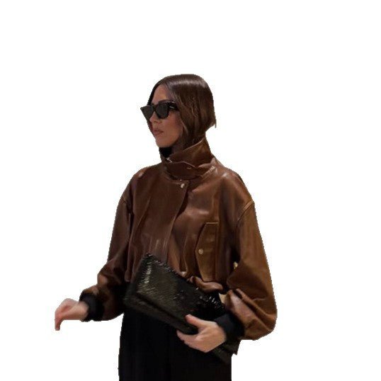 Women's short-cut leather blouse jacket with high stand-up collar and balloon sleeves Chichicherry - Chichicherry