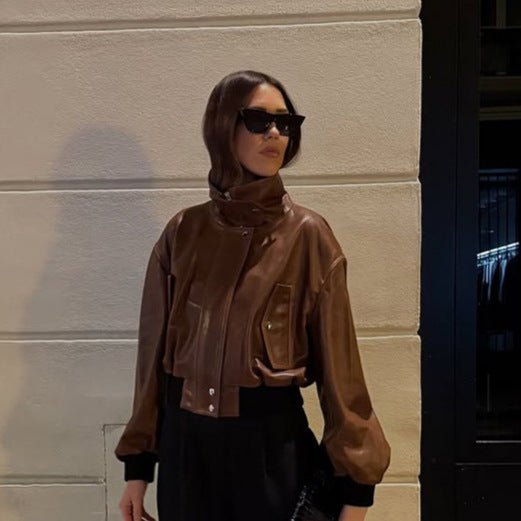Women's short-cut leather blouse jacket with high stand-up collar and balloon sleeves Chichicherry - Chichicherry