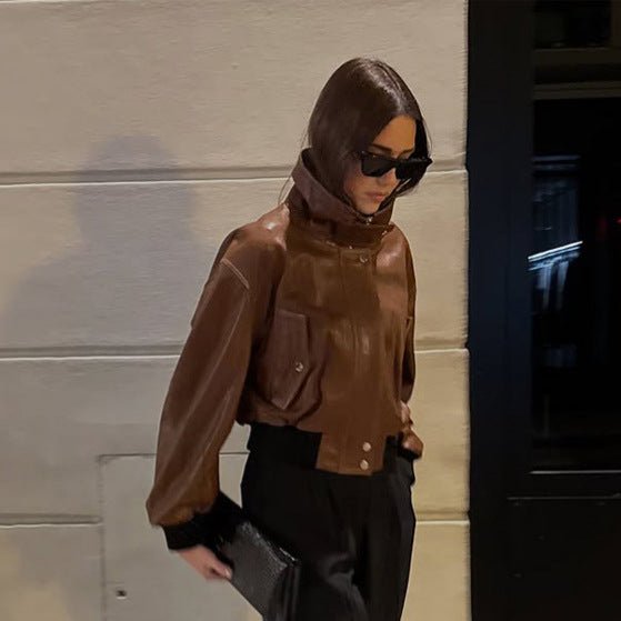 Women's short-cut leather blouse jacket with high stand-up collar and balloon sleeves Chichicherry - Chichicherry