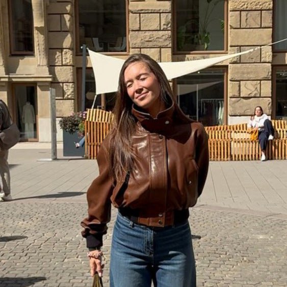 Women's short-cut leather blouse jacket with high stand-up collar and balloon sleeves Chichicherry - Chichicherry