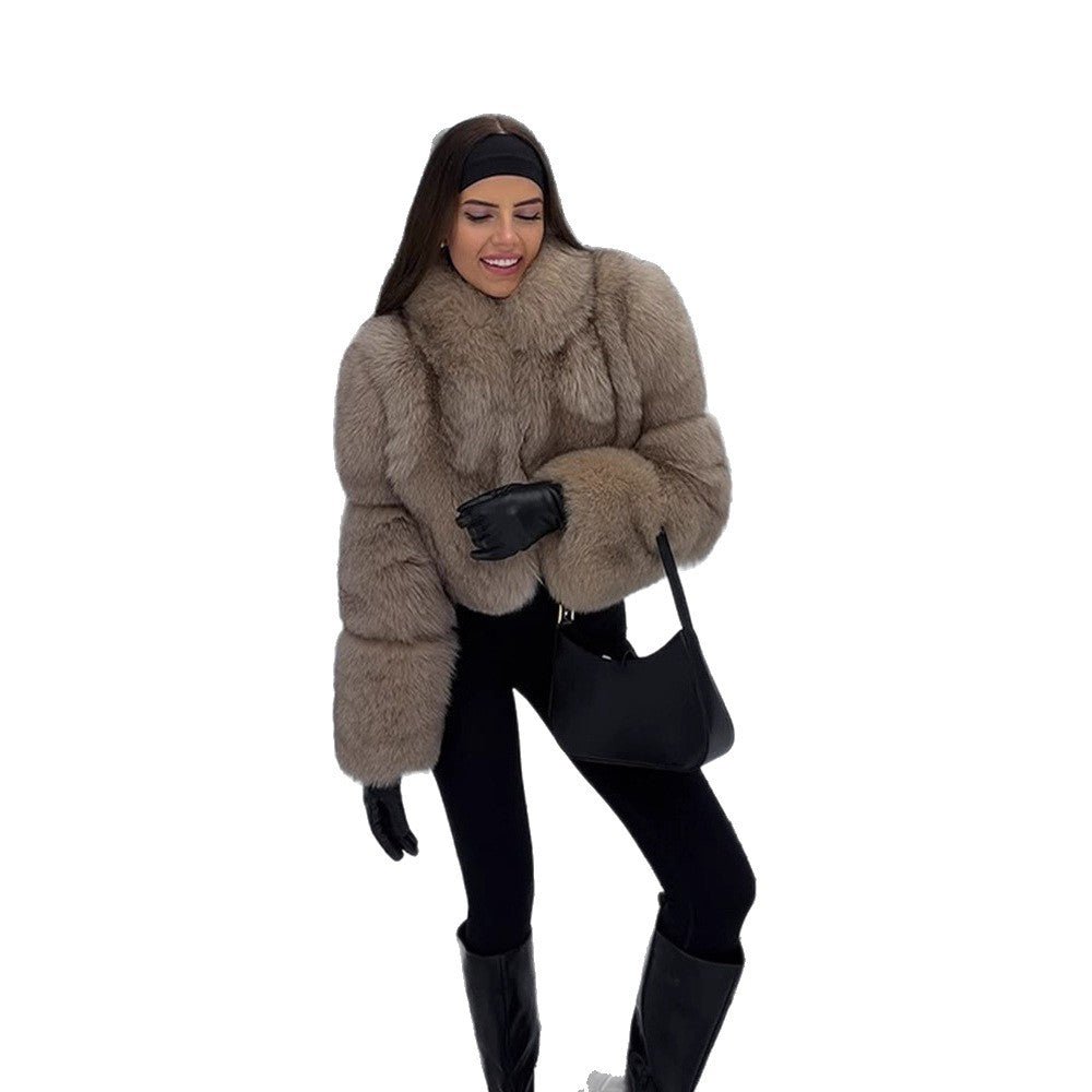 Women's Short Cut Luxury Faux Fur Blouson with Voluminous Shawl Collar Chichicherry - Chichicherry