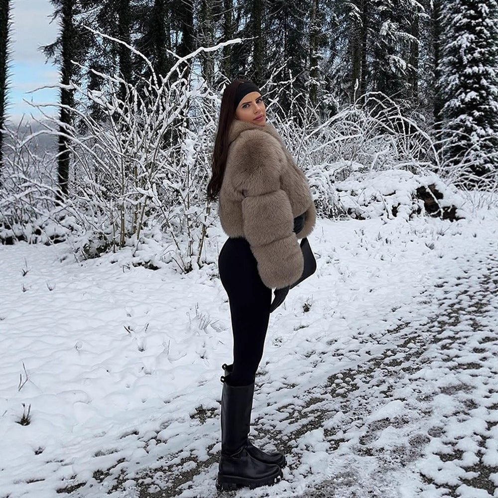 Women's Short Cut Luxury Faux Fur Blouson with Voluminous Shawl Collar Chichicherry - Chichicherry