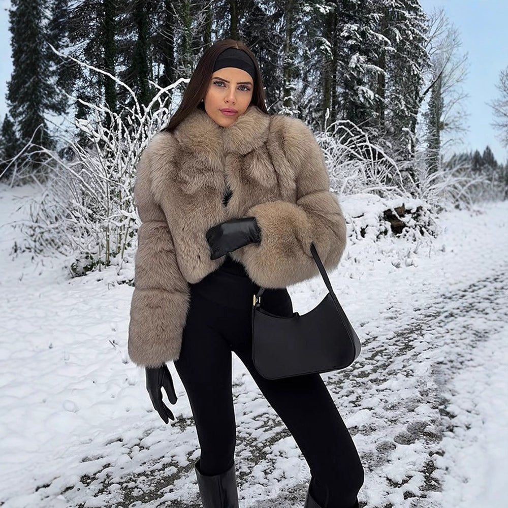 Women's Short Cut Luxury Faux Fur Blouson with Voluminous Shawl Collar Chichicherry - Chichicherry