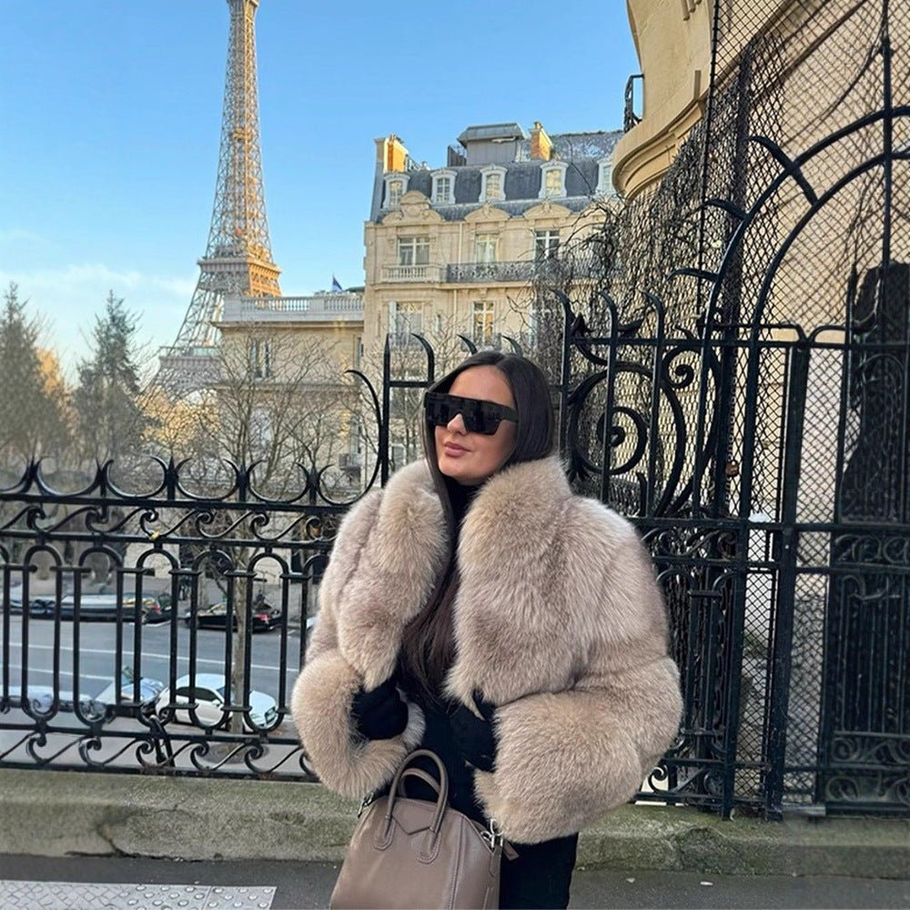 Women's Short Cut Luxury Faux Fur Blouson with Voluminous Shawl Collar Chichicherry - Chichicherry