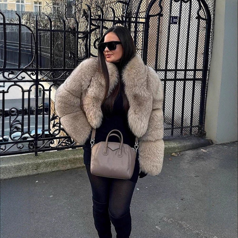 Women's Short Cut Luxury Faux Fur Blouson with Voluminous Shawl Collar Chichicherry - Chichicherry