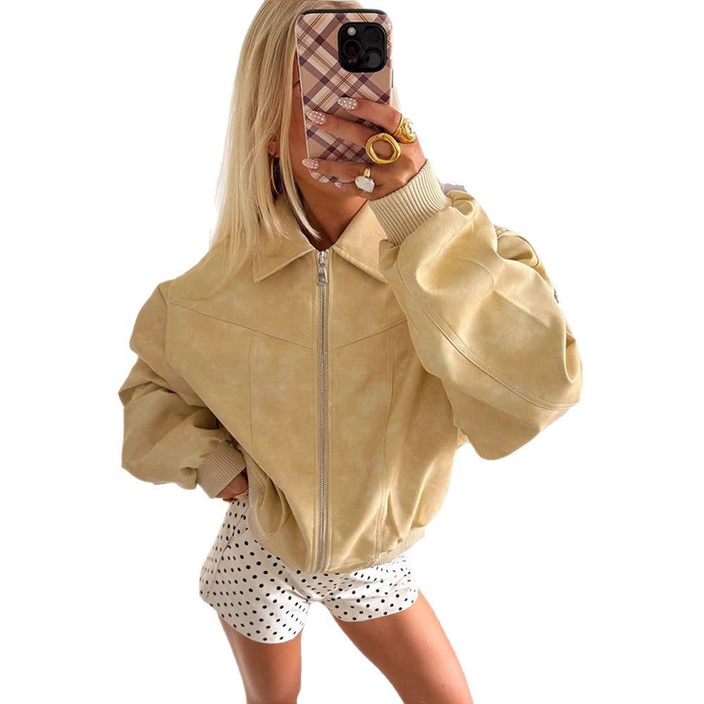 Women's Short Cut Oversized Bomber in Suede-Look with Continuous Zipper & Ribbed Cuffs Chichicherry - Chichicherry