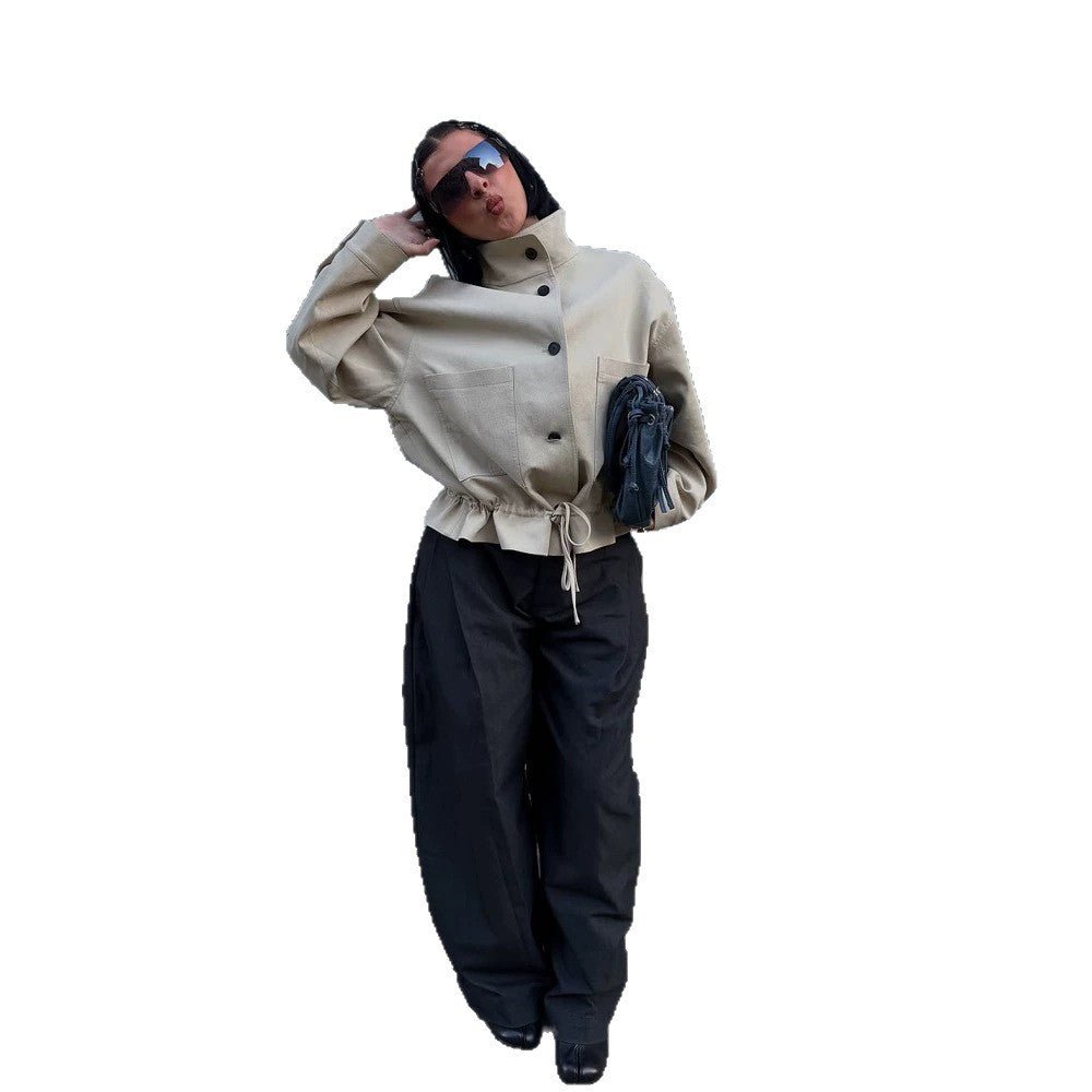 Women's Short-Cut Oversized Canvas Blouson with Stand-Up Collar Chichicherry - Chichicherry