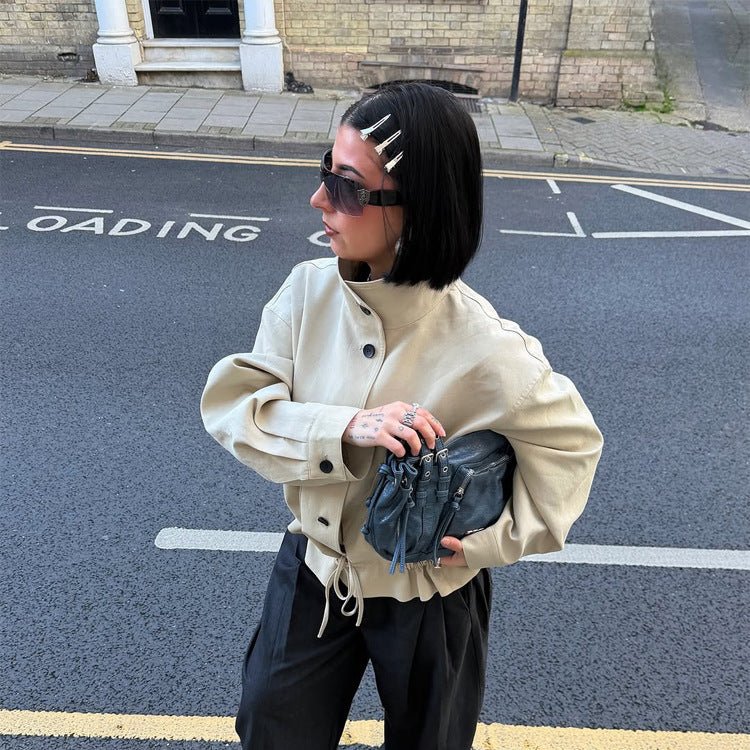 Women's Short-Cut Oversized Canvas Blouson with Stand-Up Collar Chichicherry - Chichicherry