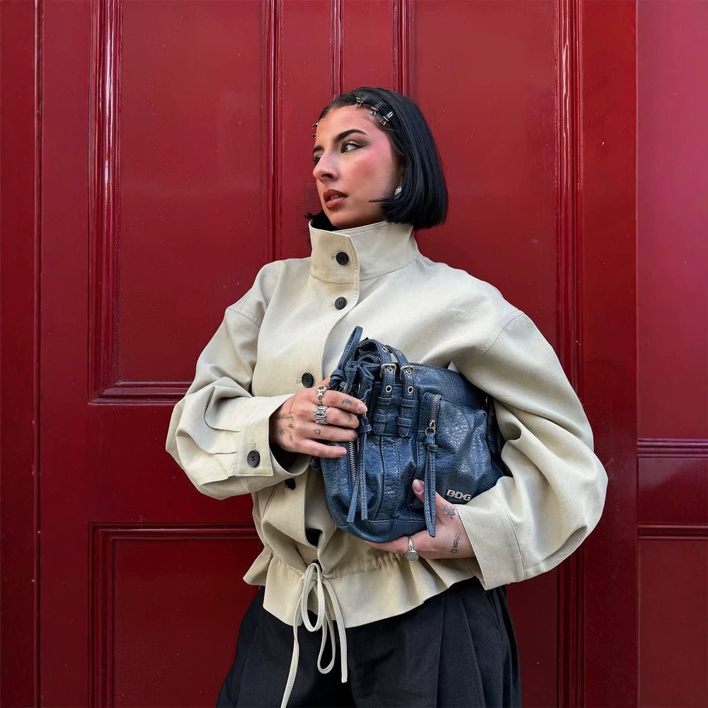 Women's Short-Cut Oversized Canvas Blouson with Stand-Up Collar Chichicherry - Chichicherry