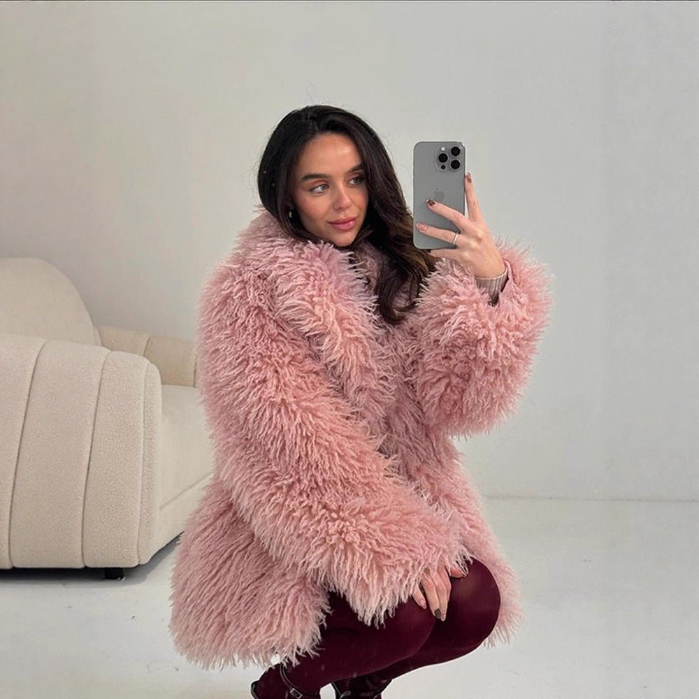 Women’s Short Cut Oversized Faux Fur Coat with Voluminous Shawl Collar and Curly Texture Chichicherry - Chichicherry