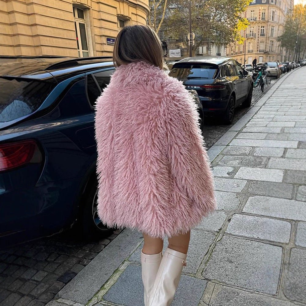 Women’s Short Cut Oversized Faux Fur Coat with Voluminous Shawl Collar and Curly Texture Chichicherry - Chichicherry