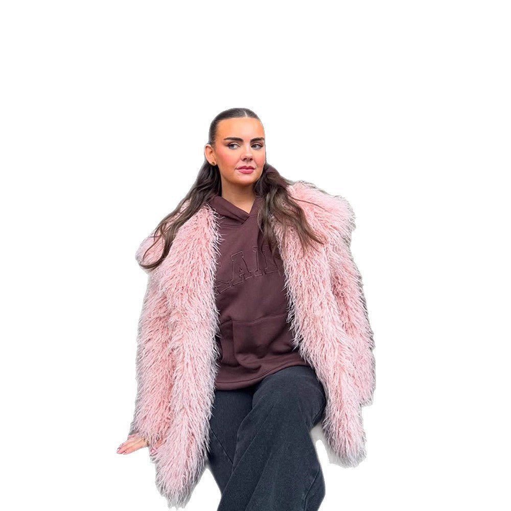 Women’s Short Cut Oversized Faux Fur Coat with Voluminous Shawl Collar and Curly Texture Chichicherry - Chichicherry