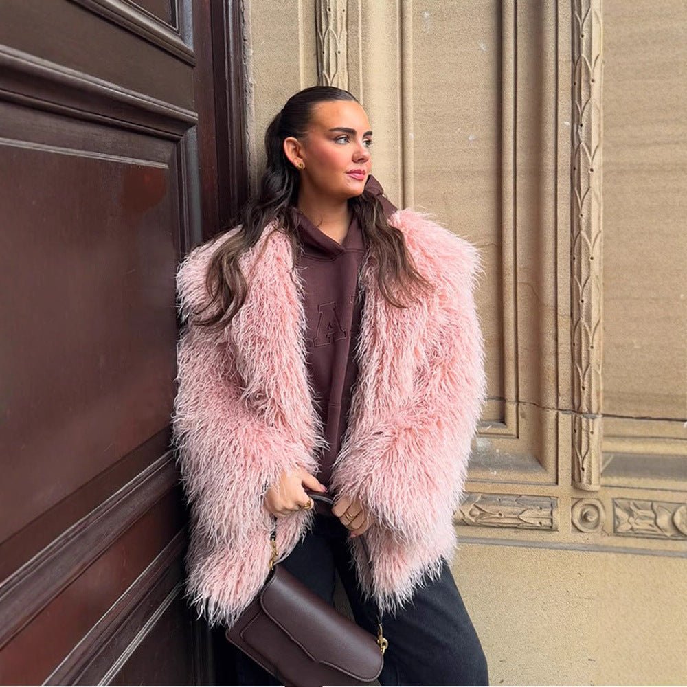Women’s Short Cut Oversized Faux Fur Coat with Voluminous Shawl Collar and Curly Texture Chichicherry - Chichicherry