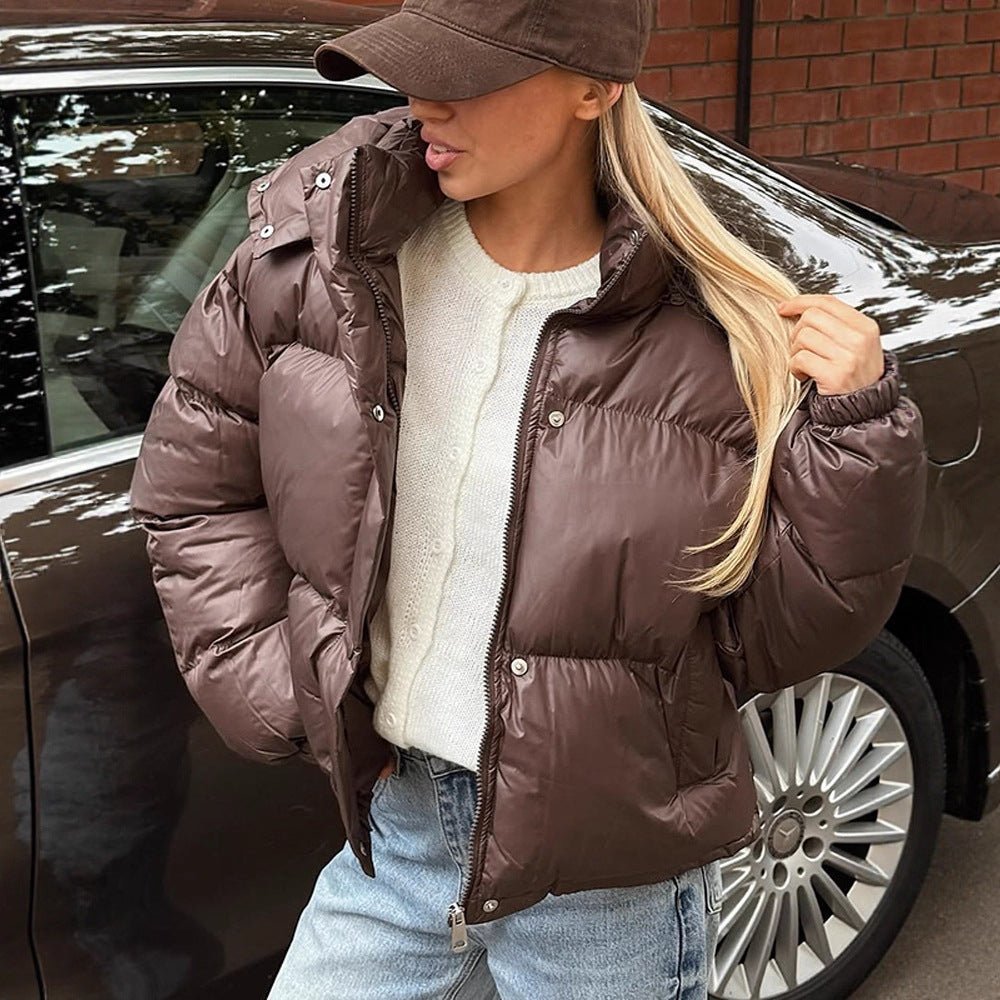 Women's short-cut shiny quilted jacket with high stand-up collar and snap-button placket Chichicherry - Chichicherry