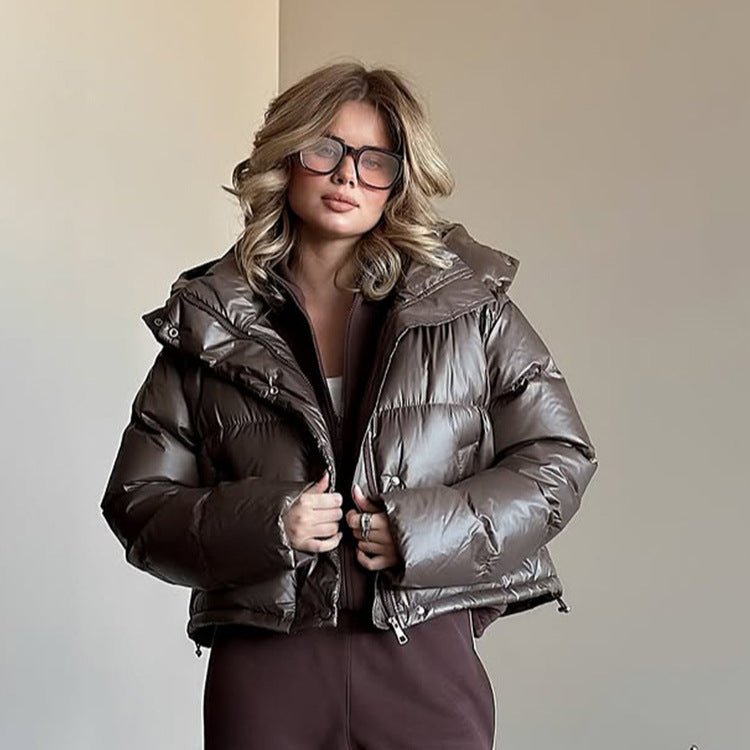 Women's short-cut shiny quilted jacket with high stand-up collar and snap-button placket Chichicherry - Chichicherry