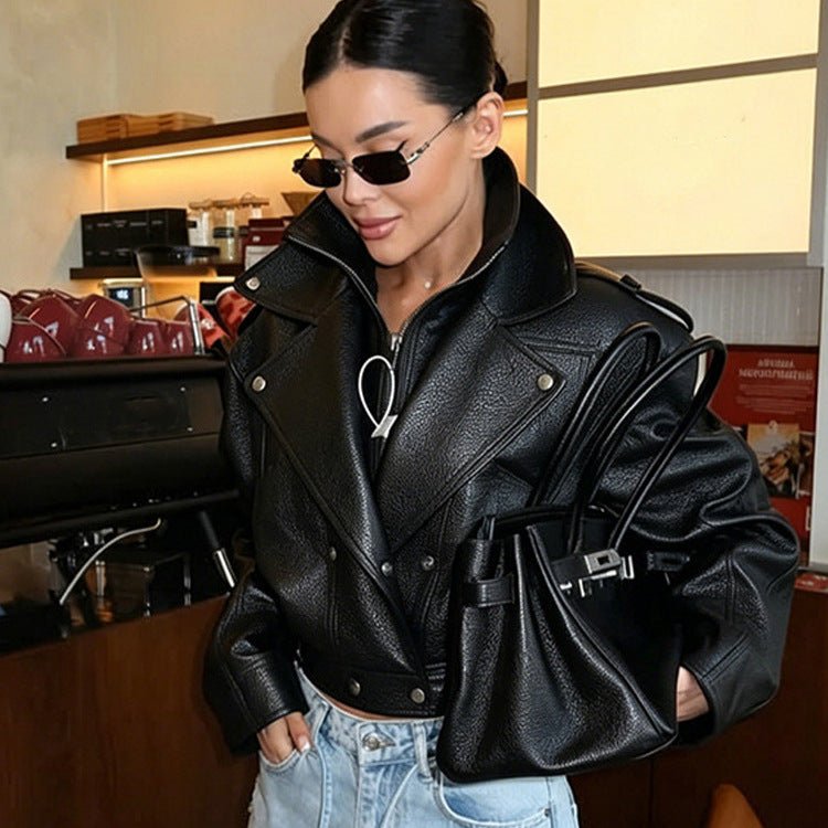 Women's Short-Cut Structured Biker Jacket Made of Faux Leather Chichicherry - Chichicherry