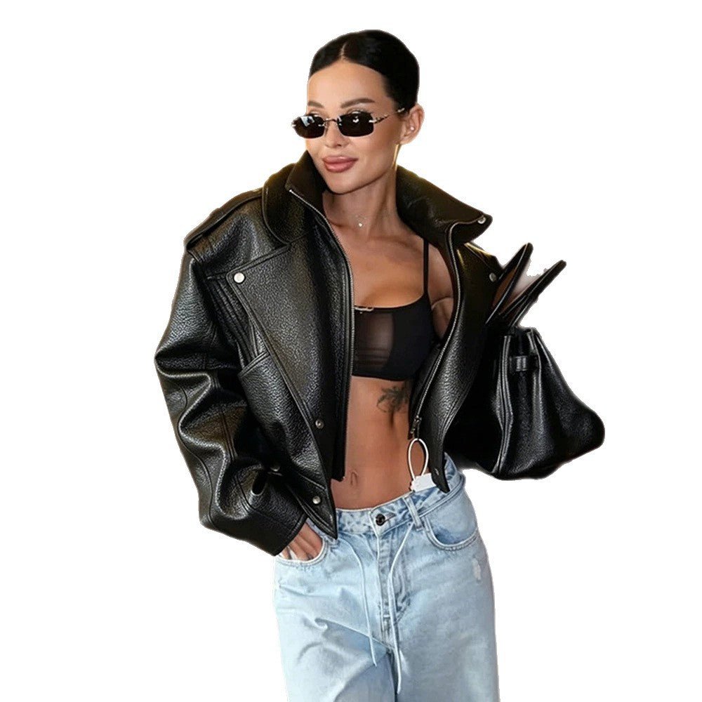 Women's Short-Cut Structured Biker Jacket Made of Faux Leather Chichicherry - Chichicherry