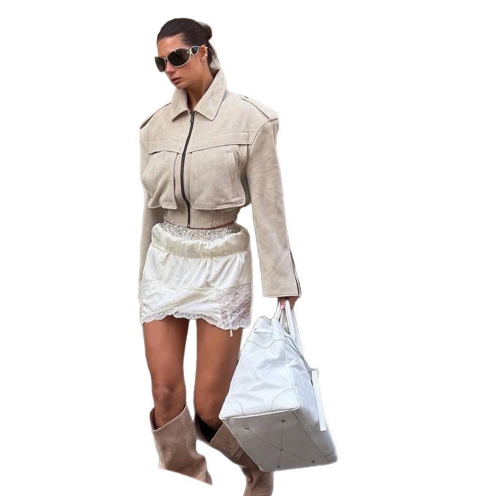 Women's Short Cut Suede Bomber Jacket with Zipper and Tailored Ribbed Cuffs Chichicherry - Chichicherry