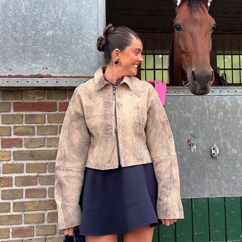 Women's short cut suede jacket in used look with extra long sleeves and two-way zipper Chichicherry - Chichicherry
