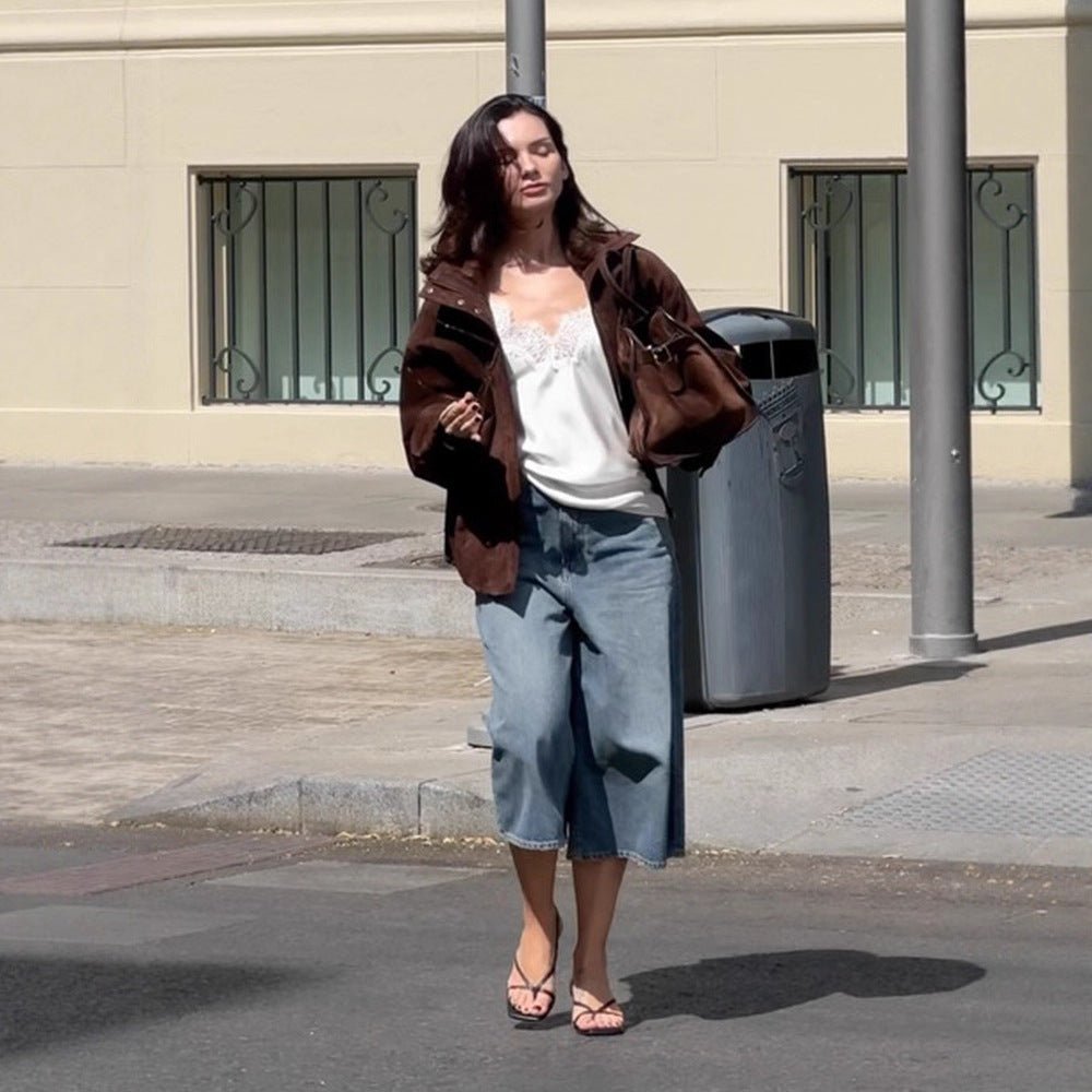Women's short cut suede leather blouson with high stand-up collar, boxy oversized silhouette and concealed zipper Chichicherry - Chichicherry
