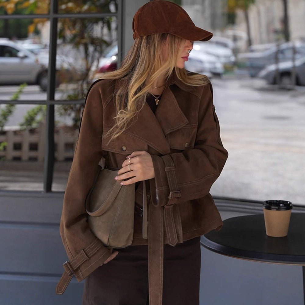 Women's Short Cut Suede Trench Coat with Waist Belt and Adjustable Cuffs Chichicherry - Chichicherry