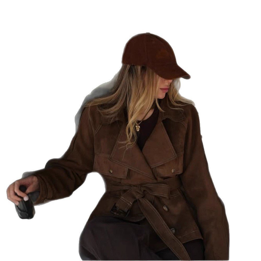 Women's Short Cut Suede Trench Coat with Waist Belt and Adjustable Cuffs Chichicherry - Chichicherry