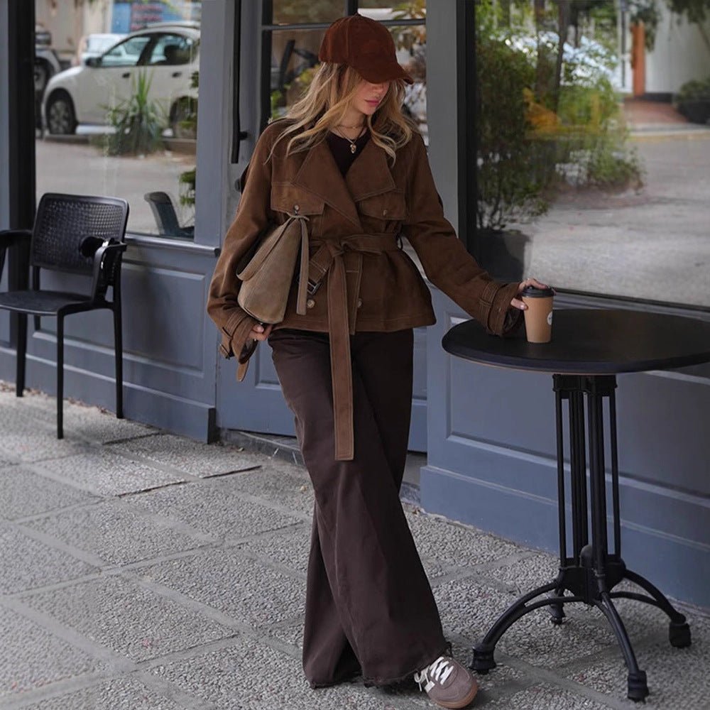 Women's Short Cut Suede Trench Coat with Waist Belt and Adjustable Cuffs Chichicherry - Chichicherry