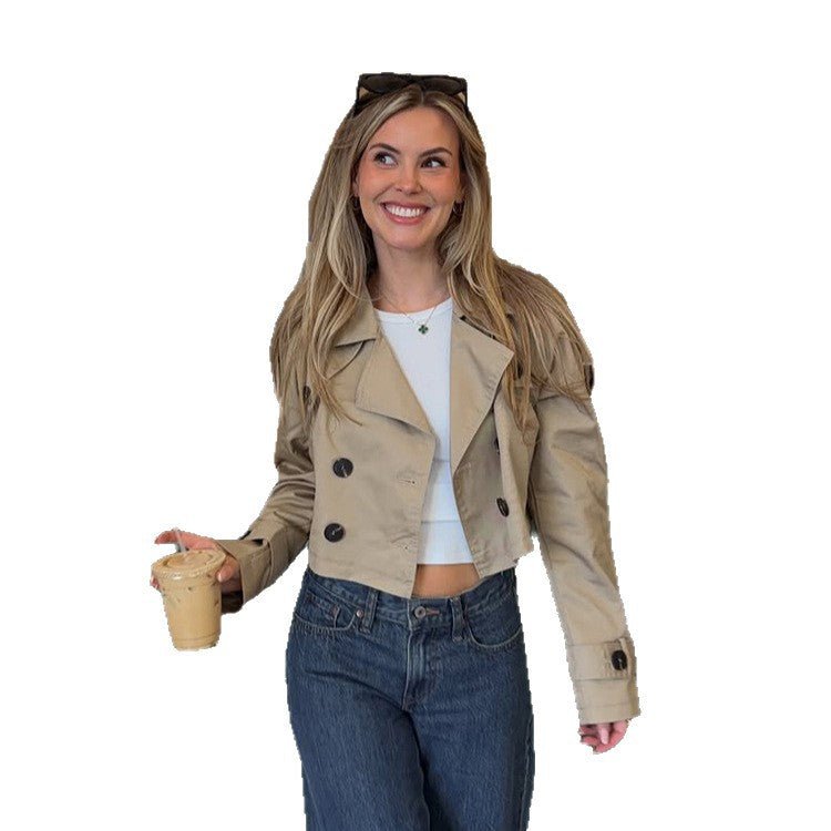 Women's Short-Cut Trench Blouson with Double-Breasted Button Placket and Shortened Silhouette Chichicherry - Chichicherry