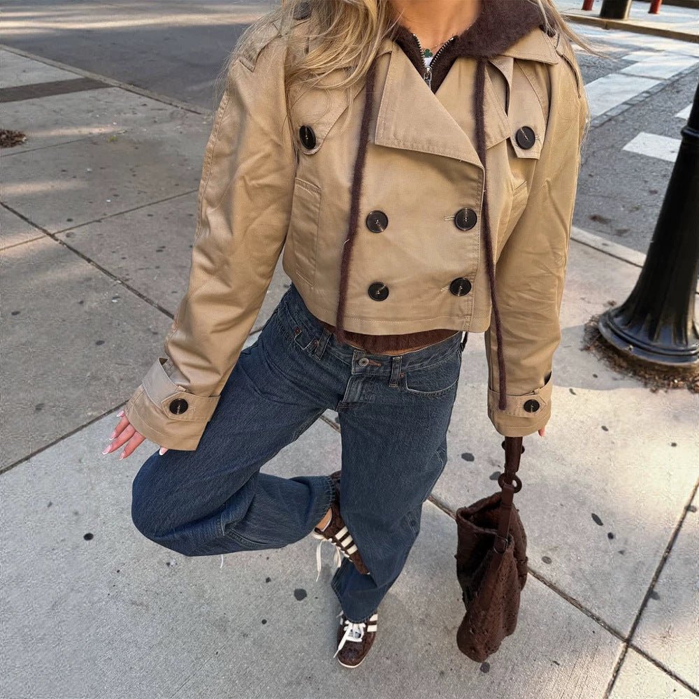 Women's Short-Cut Trench Blouson with Double-Breasted Button Placket and Shortened Silhouette Chichicherry - Chichicherry