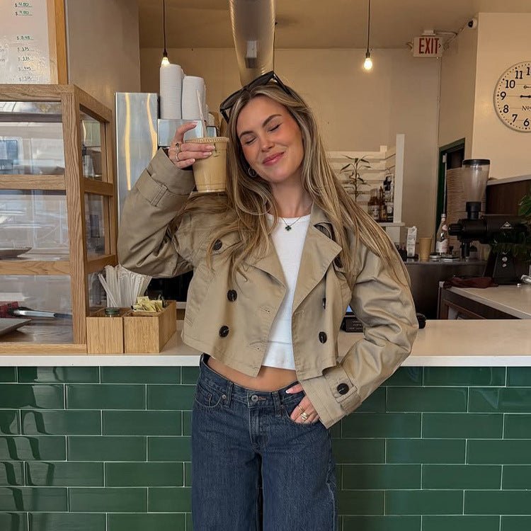Women's Short-Cut Trench Blouson with Double-Breasted Button Placket and Shortened Silhouette Chichicherry - Chichicherry