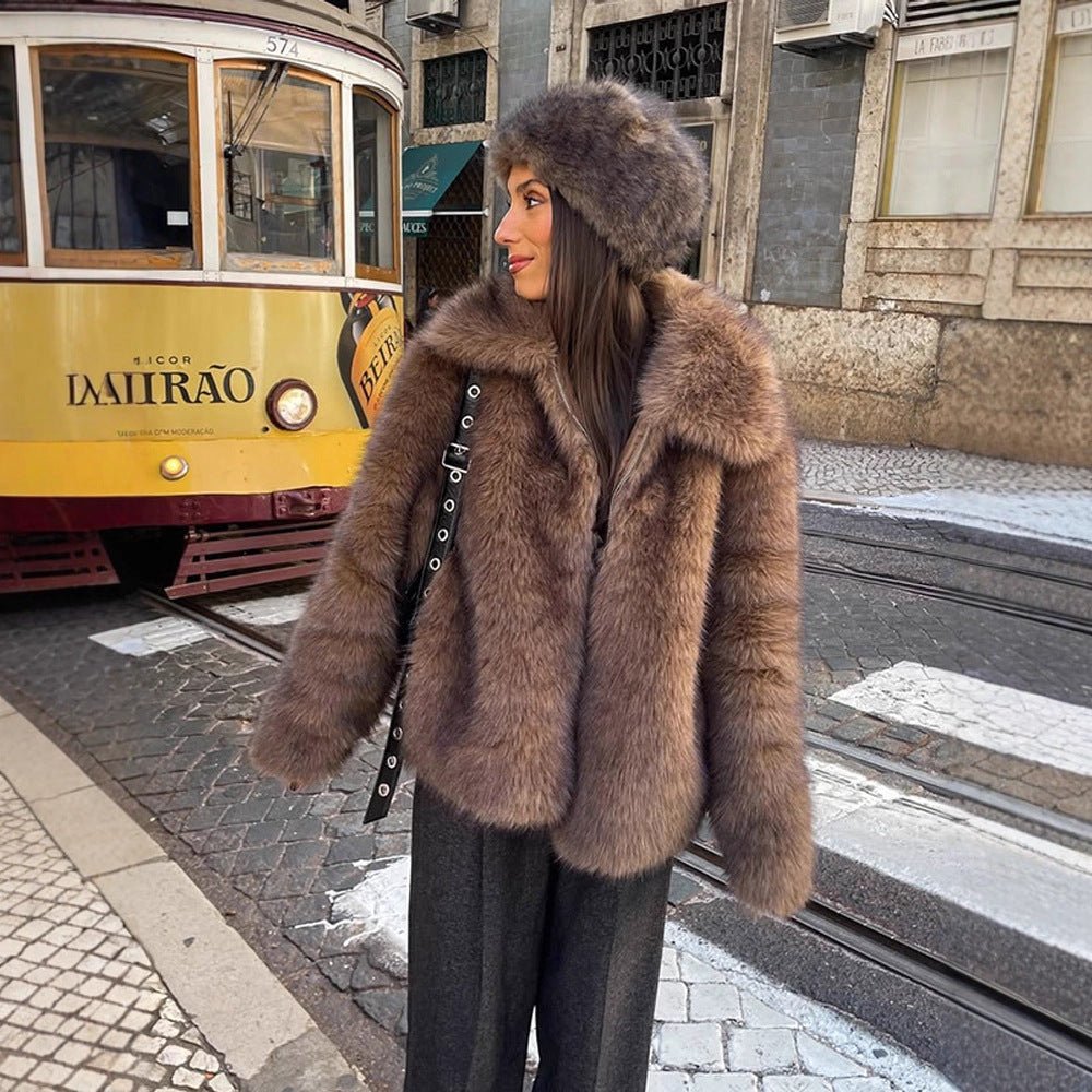 Women's Short Cut Voluminous Faux Fur Coat with Wide Shawl Collar Chichicherry - Chichicherry