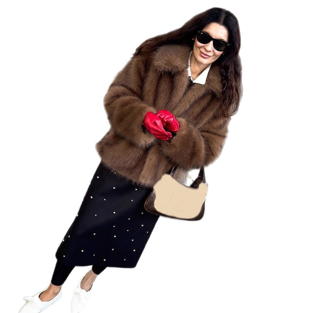 Women's Short Cut Voluminous Faux Fur Coat with Wide Shawl Collar Chichicherry - Chichicherry