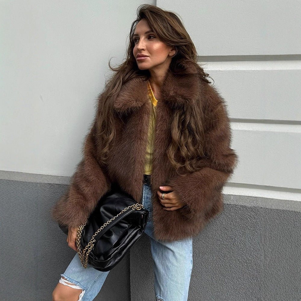 Women's Short Cut Voluminous Faux Fur Coat with Wide Shawl Collar Chichicherry - Chichicherry