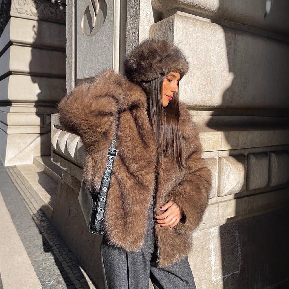 Women's Short Cut Voluminous Faux Fur Coat with Wide Shawl Collar Chichicherry - Chichicherry