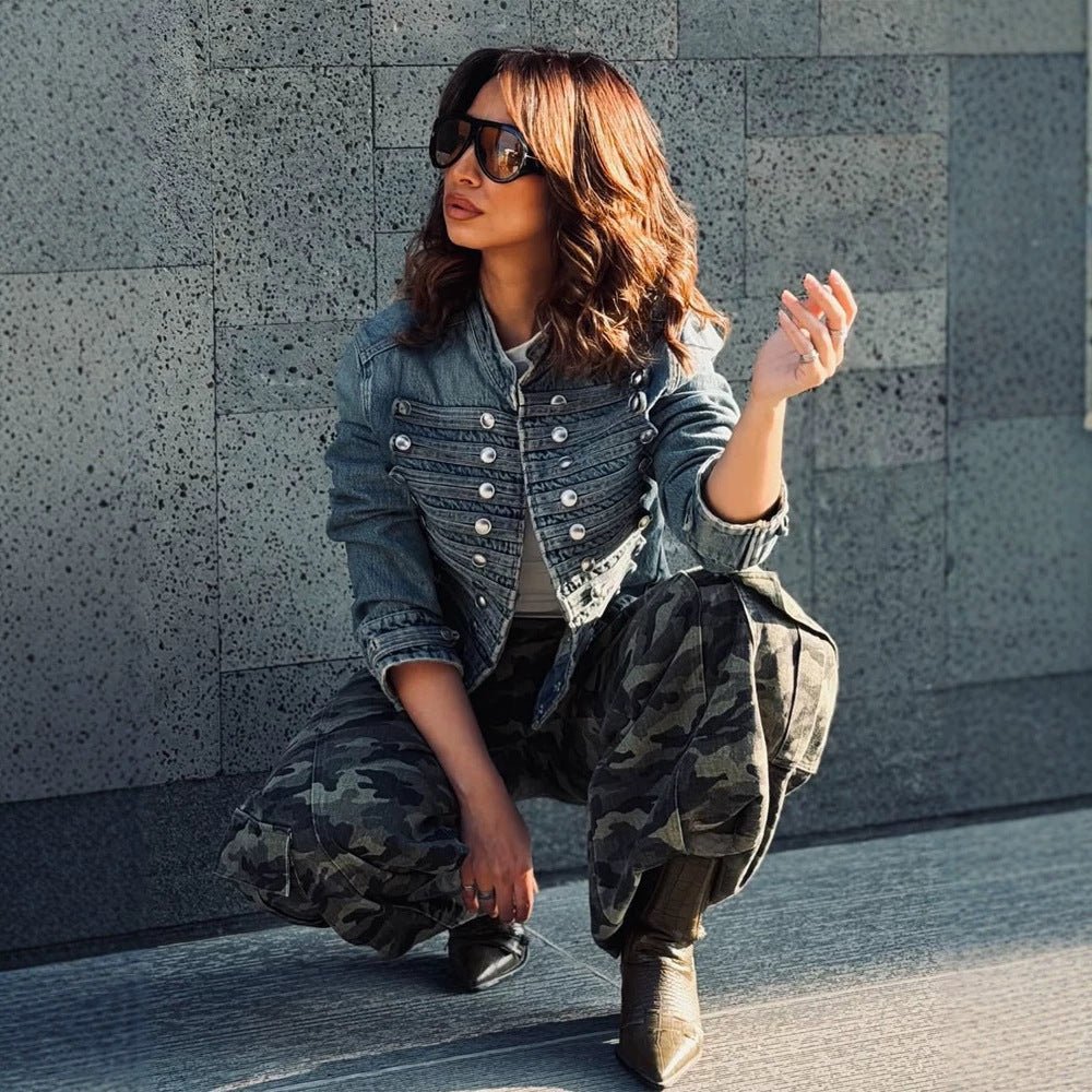 Women's Short Denim Jacket with Decorative Metal Button Rows and Fitted Silhouette Chichicherry - Chichicherry