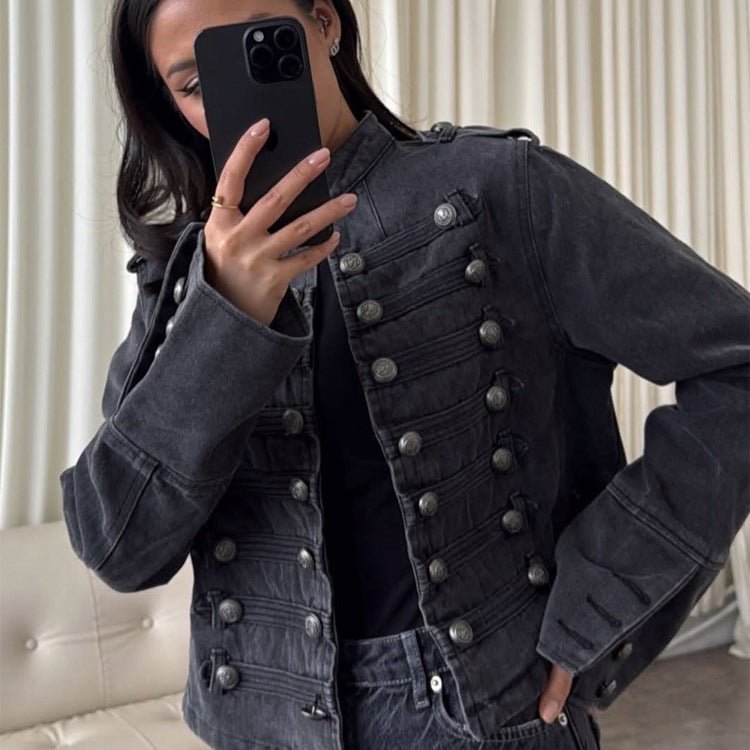Women's Short Denim Jacket with Parade Trim and Decorative Button Placket Chichicherry - Chichicherry