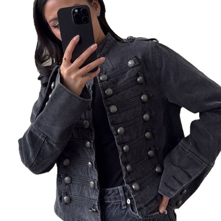 Women's Short Denim Jacket with Parade Trim and Decorative Button Placket Chichicherry - Chichicherry