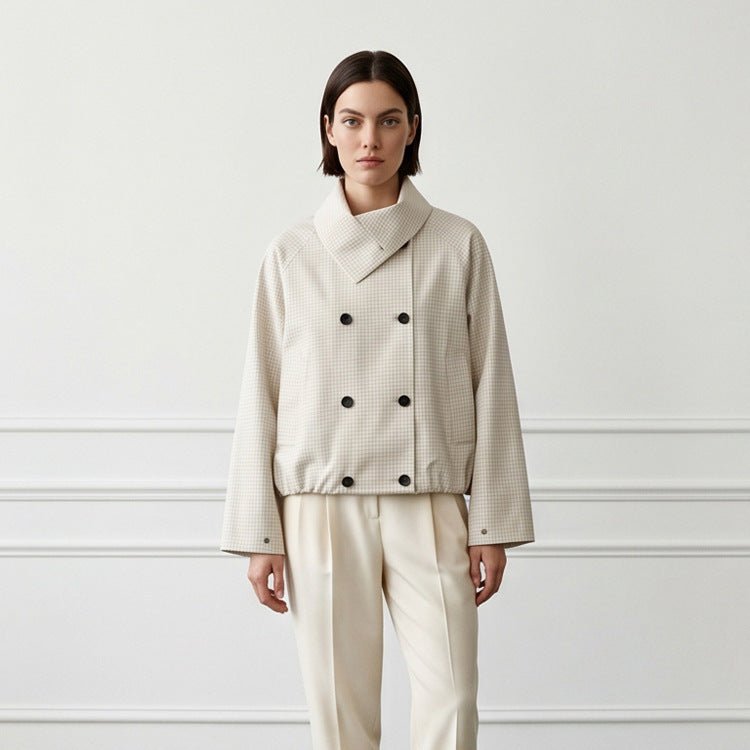 Women's Short Double-Breasted Blouson Jacket with Wrap Collar and Raglan Sleeves Chichicherry - Chichicherry