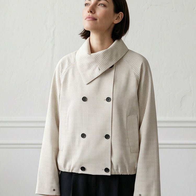 Women's Short Double-Breasted Blouson Jacket with Wrap Collar and Raglan Sleeves Chichicherry - Chichicherry
