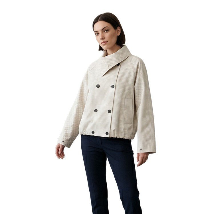 Women's Short Double-Breasted Blouson Jacket with Wrap Collar and Raglan Sleeves Chichicherry - Chichicherry
