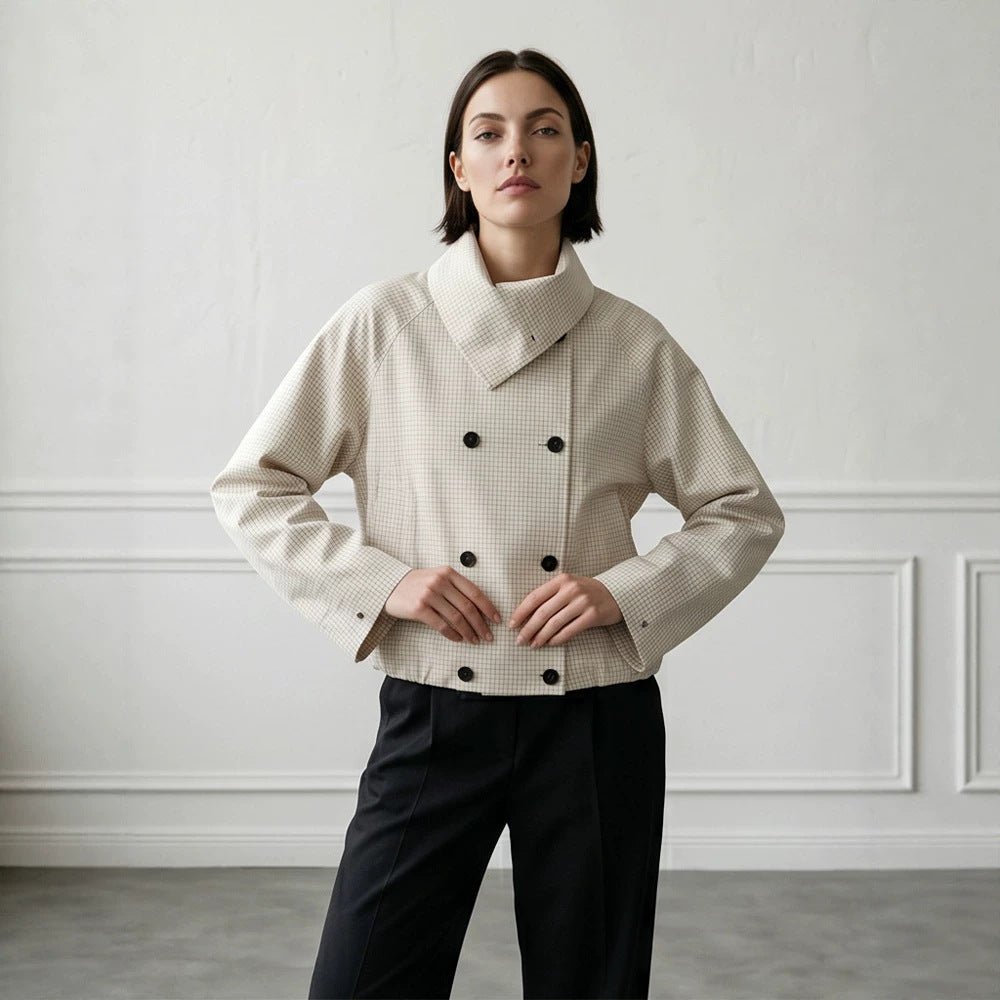 Women's Short Double-Breasted Blouson Jacket with Wrap Collar and Raglan Sleeves Chichicherry - Chichicherry