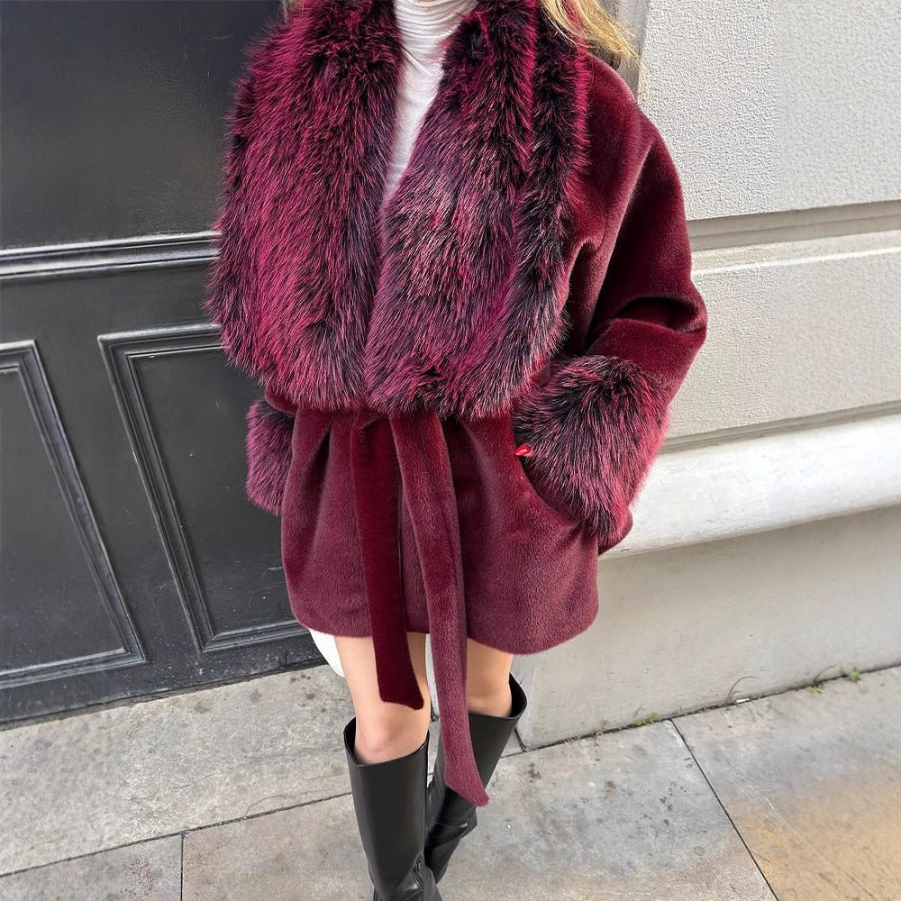 Women's Short Faux Fur Coat with Voluminous Shawl Collar, Waist Belt, and Fur Cuffs Chichicherry - Chichicherry