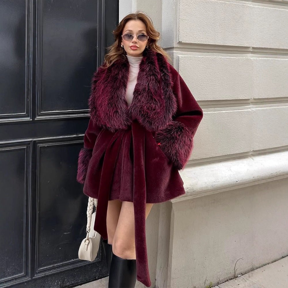 Women's Short Faux Fur Coat with Voluminous Shawl Collar, Waist Belt, and Fur Cuffs Chichicherry - Chichicherry