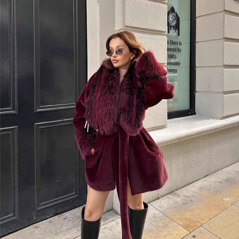 Women's Short Faux Fur Coat with Voluminous Shawl Collar, Waist Belt, and Fur Cuffs Chichicherry - Chichicherry