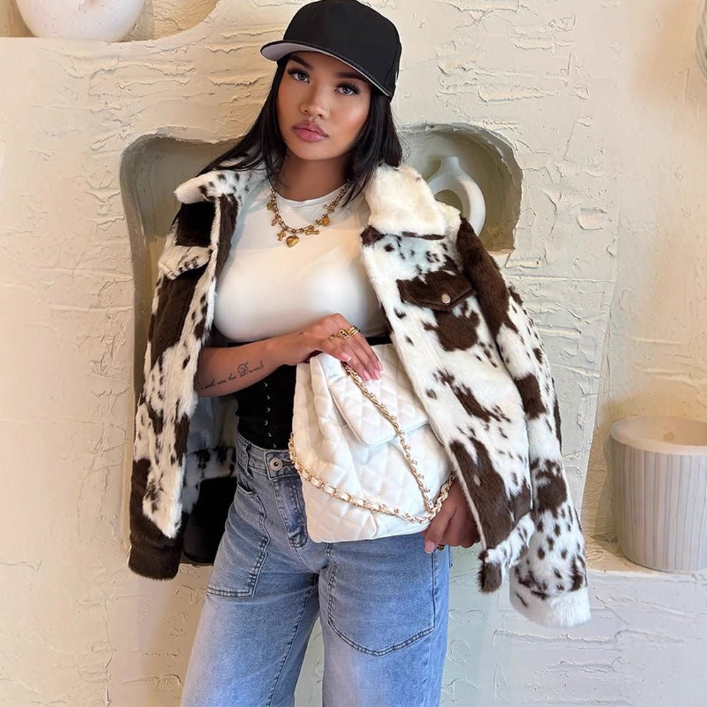 Women's short faux fur jacket in spotted pattern with shawl collar, wooden buttons & patch pockets Chichicherry - Chichicherry