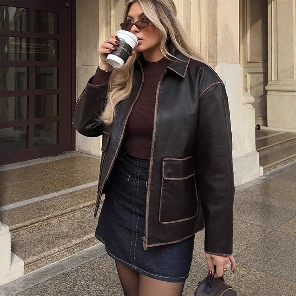 Women's Short Faux Leather Jacket in Aviator Look with Contrasting Decorative Seams Chichicherry - Chichicherry