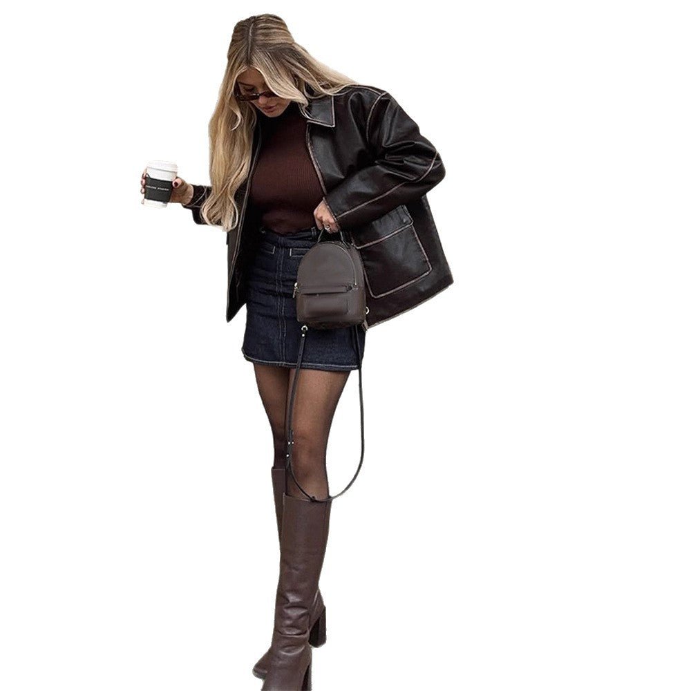 Women's Short Faux Leather Jacket in Aviator Look with Contrasting Decorative Seams Chichicherry - Chichicherry