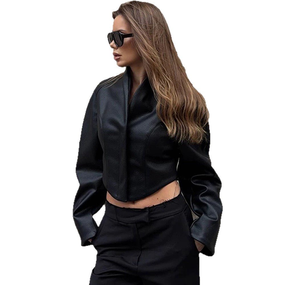 Women's Short Faux Leather Jacket with High Stand-Up Collar and Boxy Silhouette Chichicherry - Chichicherry