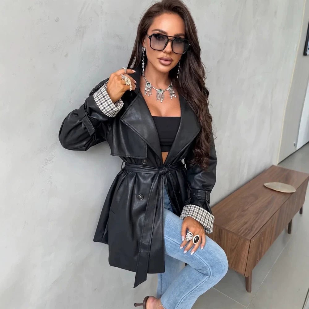 Women's Short Faux Leather Trench Coat with Belted Waist and Check Cuff Flaps Chichicherry - Chichicherry