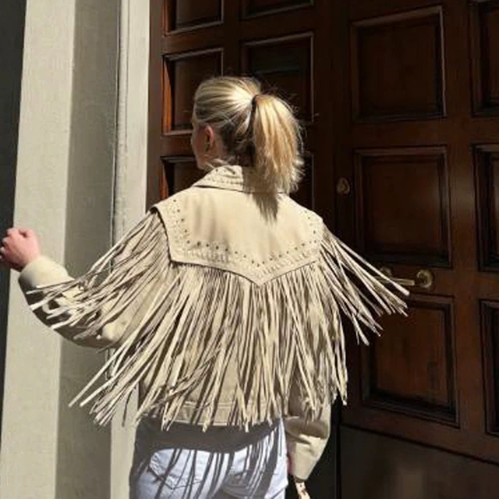 Women's Short Fringe Suede Jacket in Western Style with Decorative Stitches and Studs Chichicherry - Chichicherry